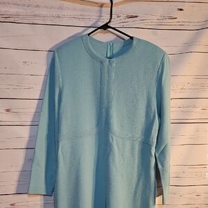 Vintage CastleBerry Aqua Blue Knit Dress Long Sleeve Mod Style Classic Fitted,14
